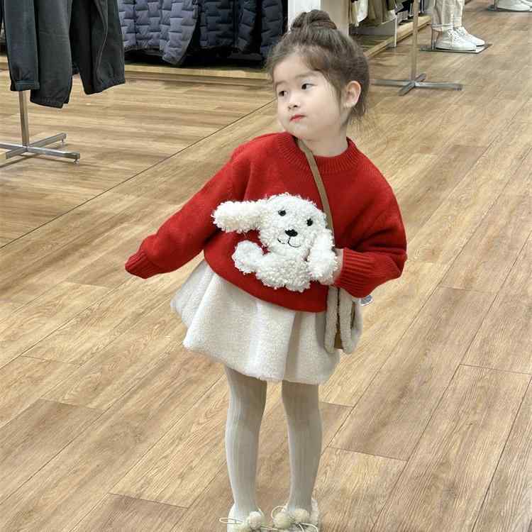 ニット キッズ 女の子 冬服 子供服 トップス 小犬 犬 レッド 赤色 セーター ふわふわ モコモコ かわいい おしゃれ ガーリー あったか 防寒