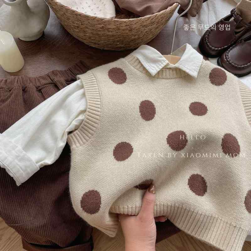 子供服 ニットベスト 春秋 男女兼用 レトロ 水玉 セーター ベスト かわいい 柔らかい ミルクティー ベージュ系 90cm 100cm 110cm 120cm 130cm