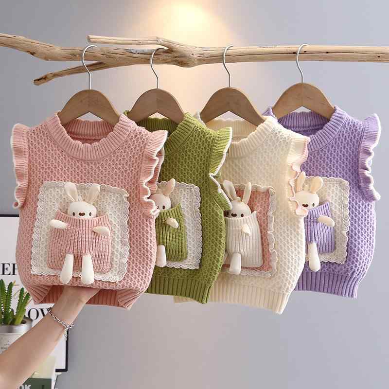 ニットベスト キッズ 女の子 子供服 春秋 かわいい カートーン 無袖 セーター トップス 普段使い 通園 通学 ミントグリーン ピンク パープル アイボリー