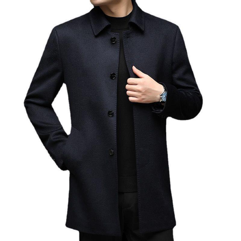 コート メンズ 男性用 ウールコート ミドル丈 羊毛 business 紳士服 アウター 翻領 無地 秋冬 厚手 暖かい ビッグサイズ ゆったり ラグジュアリー 高見え 紺色 170 175 180 185 190