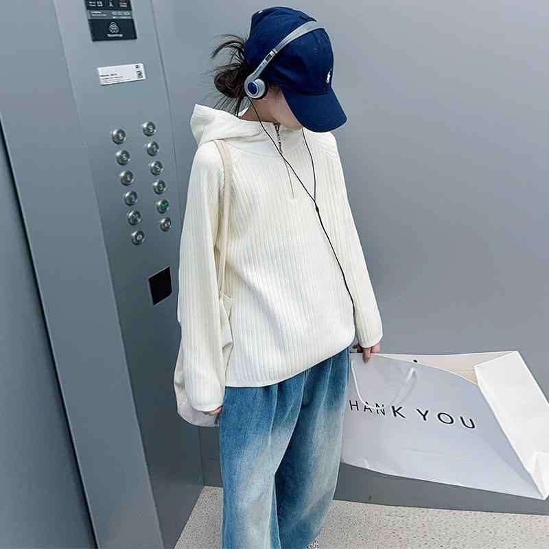 子供用ニット・セーター 女の子 秋冬 フード付き プルオーバー 配色 厚手 暖かい 伸縮性 かわいい 普段着 通園 通学 ホワイト グレー ピンク系 カーキ 120cm 130cm 140cm 150cm 160cm 170cm