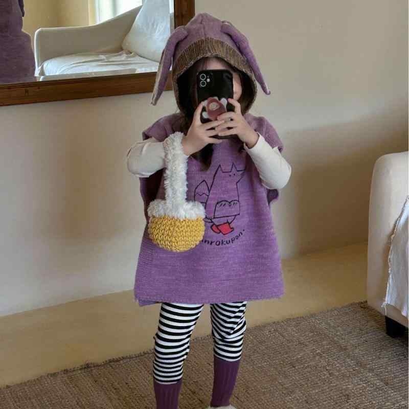 子供服 ニットベスト 女の子 かわいい ウサギ耳付き セーター ベスト コットン 秋冬 中小子供サイズ ノースリーブ トップス 通園 普段着