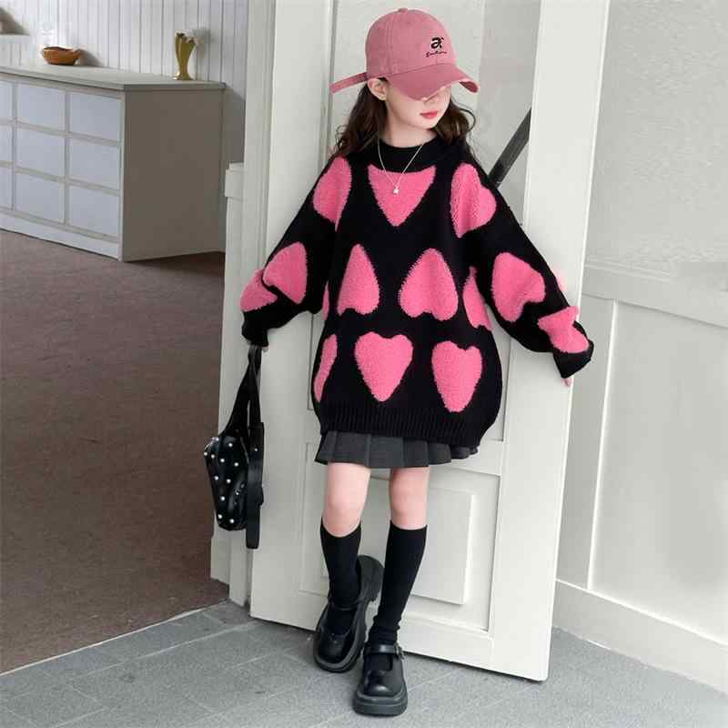 子供服 セーター ニット 女の子 秋冬 厚手 ハート柄 トップス カットソー 防寒 暖か かわいい 通学 普段着 ピンク系 レッド 120 130 140 150 160 170
