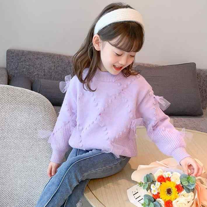 子供服 ニット セーター ガールズ 女の子 春秋 冬 長袖 トップス かわいい 蝶結び プリンセス風 中学生 高学年 薄手 通学着 普段着 ピンク系 紫色 杏色