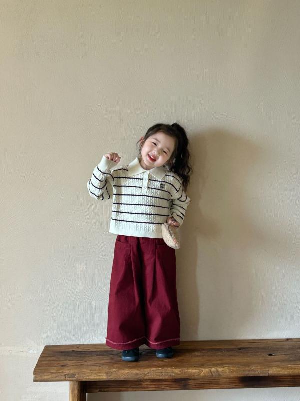 子供服 ニット セーター 女の子 ストライプ ポロネック トップス 秋冬 綿 厚手 90 100 110 120 130 140