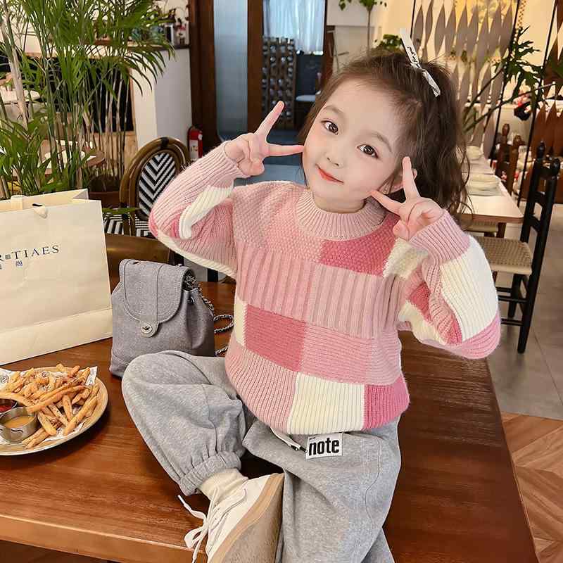 子供服 ニット・セーター 女の子 秋物 長袖 トップス 裏起毛 厚手 チェック柄 かわいい ガールズ カジュアル 普段着
