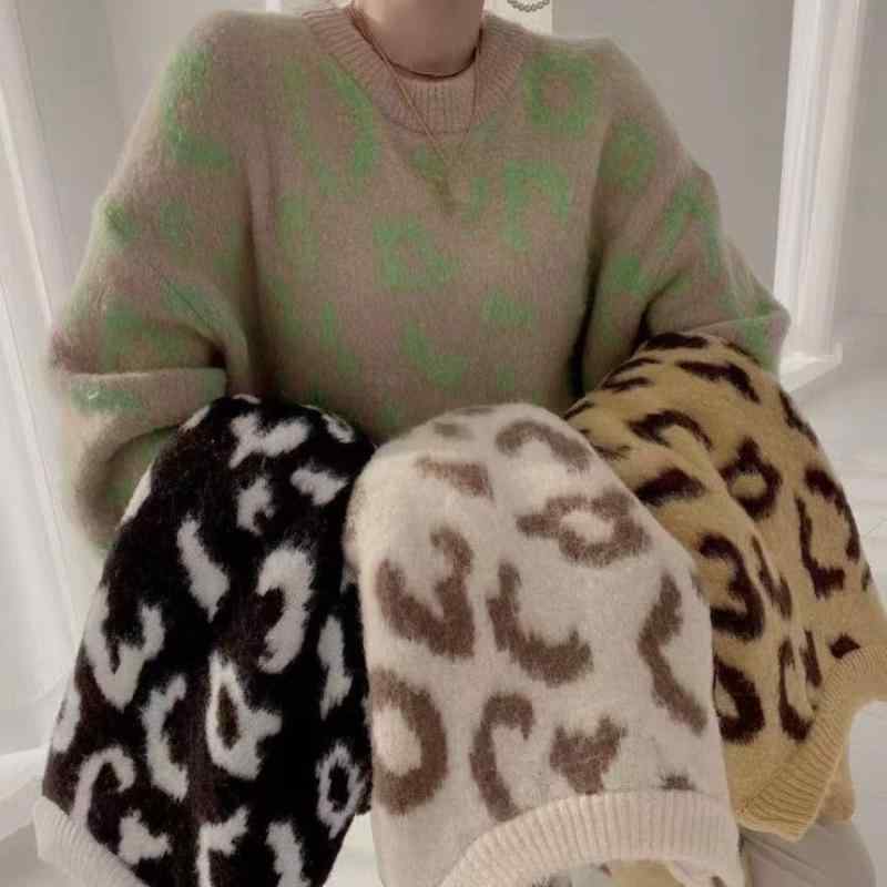 ニット レディース 秋冬 ヒョウ柄 ジャガード編み ラウンドネック ゆったり 厚手 暖かい 長袖 トップス プルオーバー セーター 韓国ファッション カジュアル オフホワイト ブラック カーキ イエロー