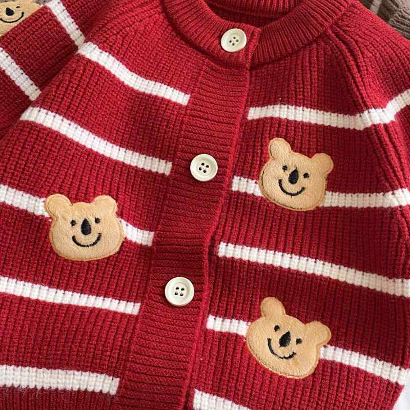 ベビー服 ニット 秋冬 クマ 刺繍 セーター セットアップ 男の子 ストライプ カーディガン 新生児 乳幼児 かわいい おしゃれ 普段使い 長袖 上下セット 2点セット