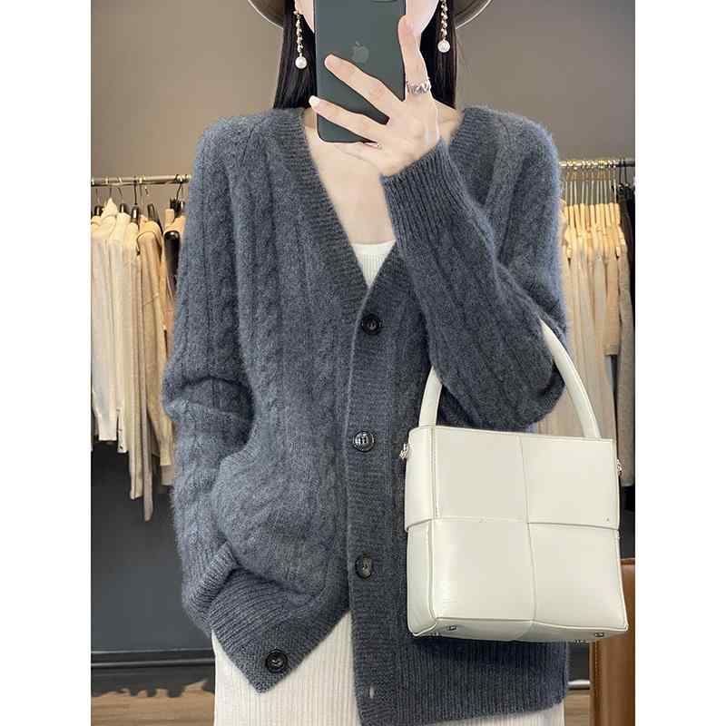 ニット レディース カーディガン 厚手 Vネック 長袖 ウール カシミヤ トップス プリンセススリーブ 秋冬 灰色 ブラウン オフホワイト M L 上着 羽織もの 私服 清楚 10,361円
