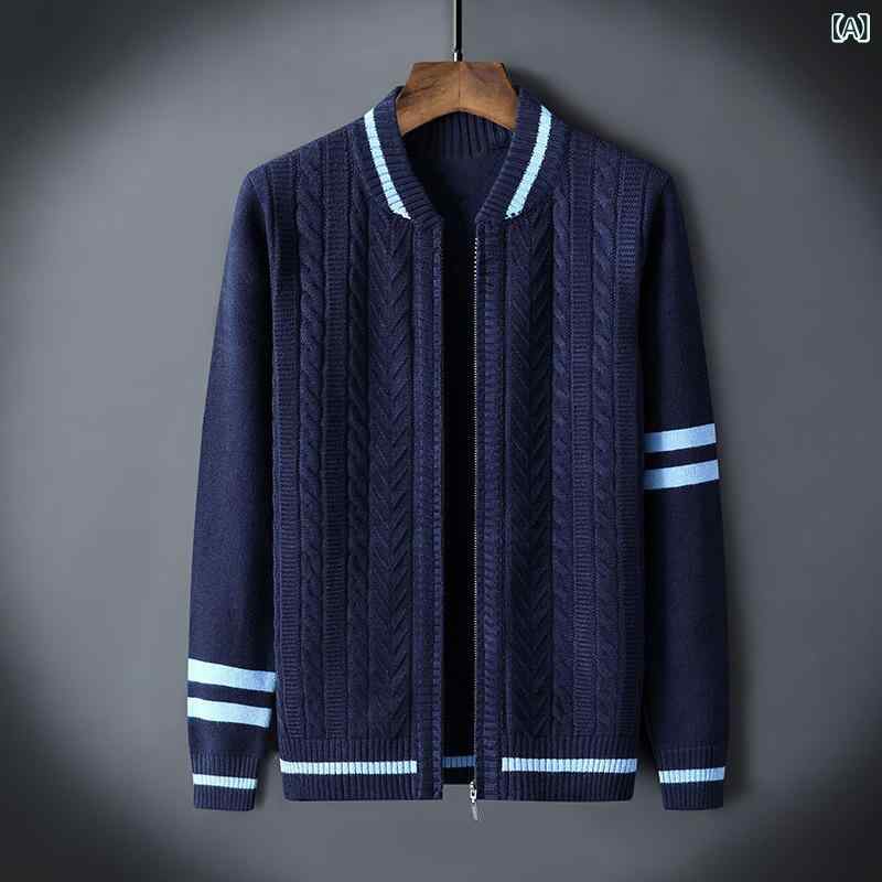 ニット カーディガン メンズ 秋冬 男性用 韓国 ファッション 配色 長袖 ニットアウター 学生 厚手 あったか 立ち襟 前開き 普段使い デート