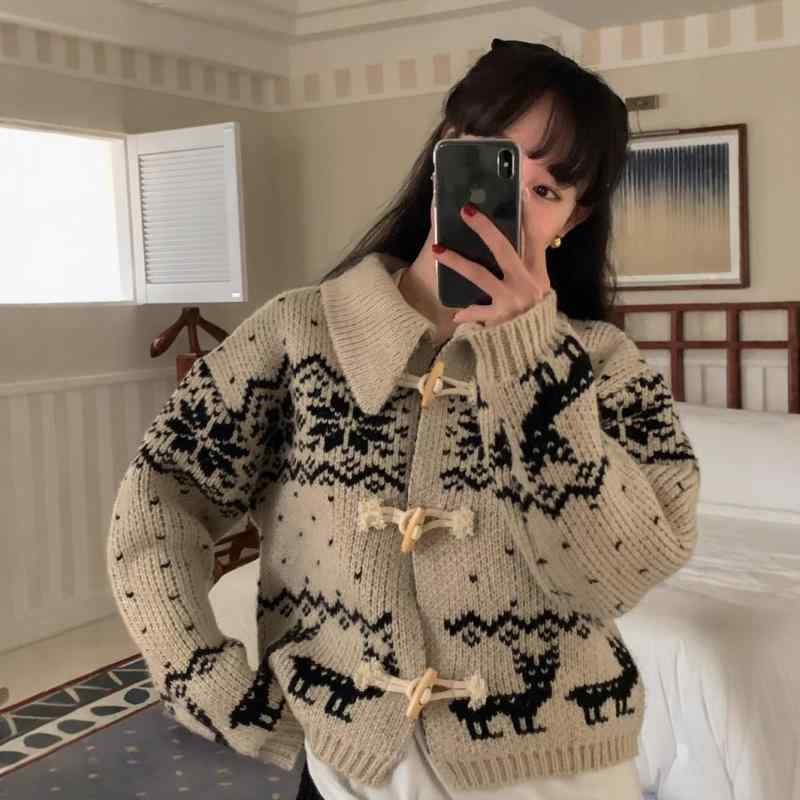 ニットカーディガン レディース 韓国風 提花 襟付き トッパー 羽織り ゆったり Sheep Wool ポリエステル 普段使い デイリー カジュアル 杏色 グレー 紺色