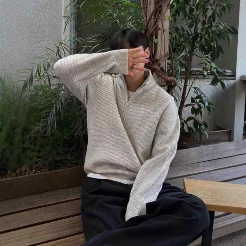ニット メンズ 男性用 ハーフジップ プルオーバー カットソー 韓国風 おしゃれ スタンドカラー リブ 裾 トップス 無地 黒 ブラック グレー 綿 混紡 秋 6,015円