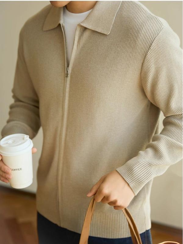ニット カーディガン メンズ 長袖 厚手 秋冬 男性用 トップス ジップアップ リブ 襟付き 綿 アクリル 無地 黒 カーキ 緑 グレー