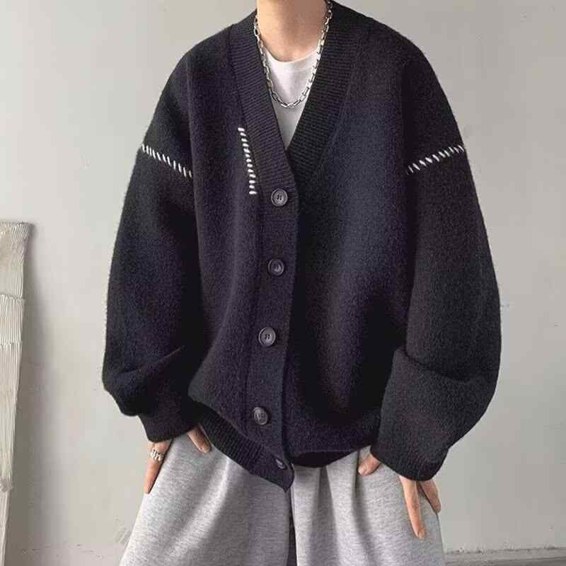 ニット カーディガン メンズ Vネック 長袖 秋冬 男性用 暖かい ゆったりめ リラックス レトロ 黒 白