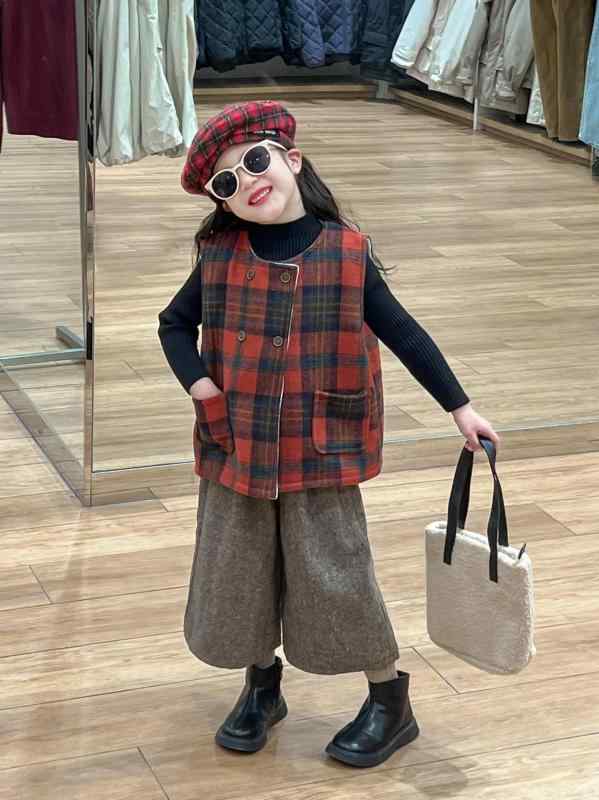 子供服 ベスト 秋冬 女の子 赤 チェック柄 ウール風 ニットベスト 裏起毛 ベスト + 裏起毛 ワイドパンツ 春 秋 90 100 110 120 130 140