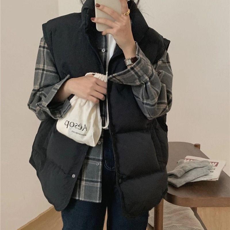 ベスト レディース 短め丈 秋冬 韓国風 ゆったり 学生 チョッキ ノースリーブ ジャケット アウター 綿 無地 ベージュ ブラック コーヒー M L XL 2XL