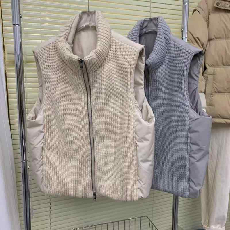 打ち倒す限りない レディース 韓国風 編み物 うつり変わり 冬 立襟 アウター 限りない ジレ カン肩 防寒着 ベスト 浅薄墨色 米白いこと ポリエステル レディースファッション-ベスト・ジレ
