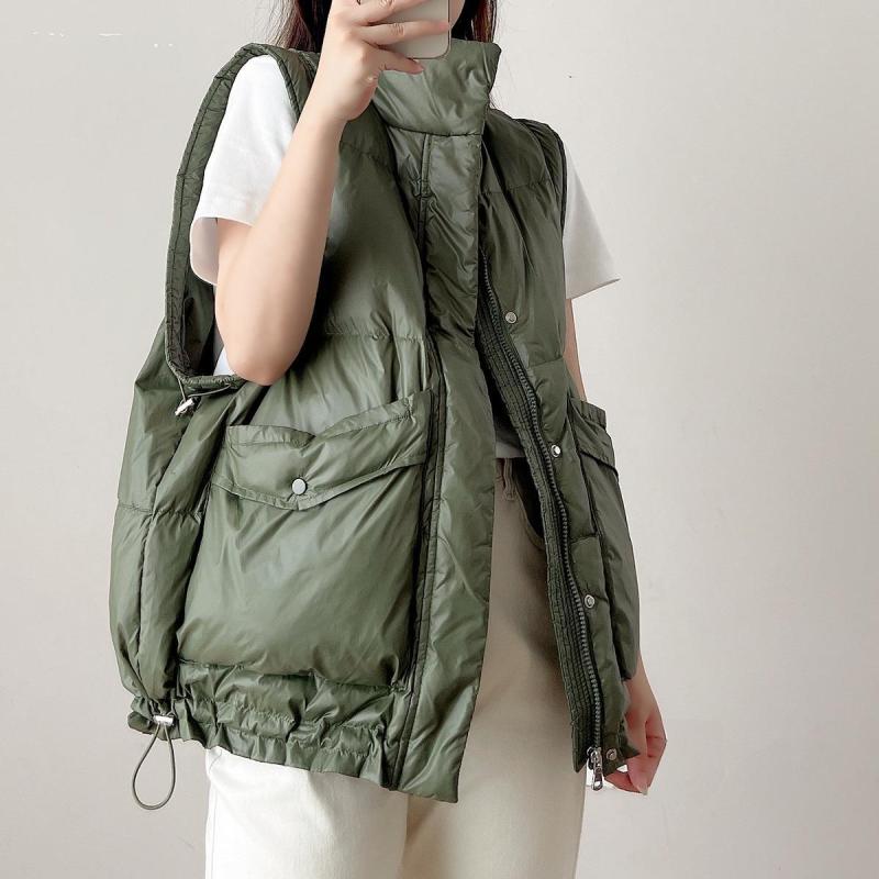 ダウンベスト レディース 婦人服 ゆったりサイズ 中綿ベスト チョッキ アウター ポリエステル 白 ホワイト カーキ グリーン ブラック 秋冬