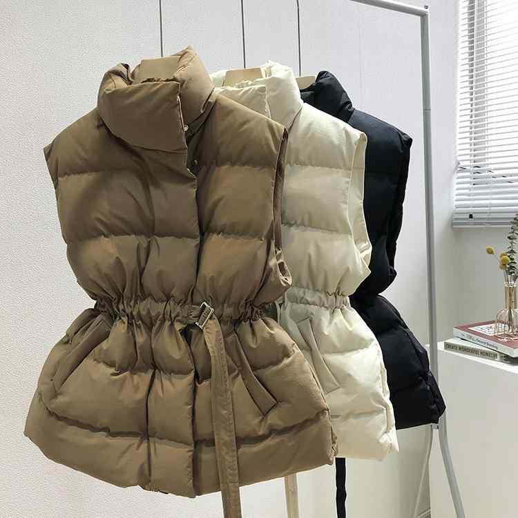 ダウンベスト レディース 秋冬 韓国風 ショート丈 アウター チョッキ スリム スタイルアップ ウエストマーク ゆったり ブラック ポリエステル