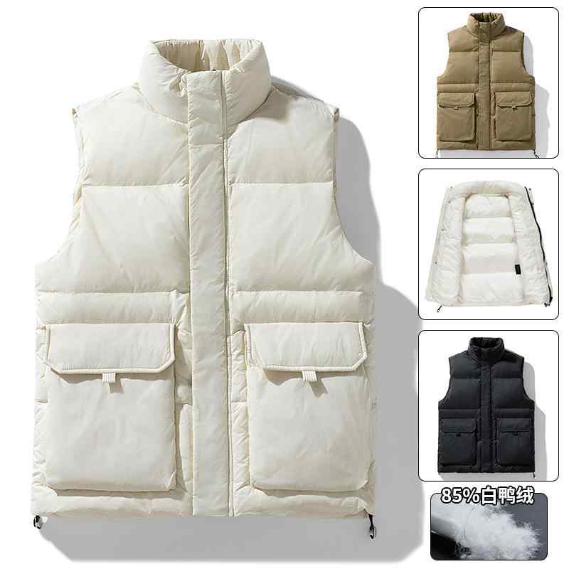 ダウンベスト 男性用 立襟 ホワイトダックダウン 80% ポリエステル 防寒 保温 ノースリーブ チョッキ カンフーベスト ブラック カーキ色 M L XL 2XL 3XL 4XL 秋冬