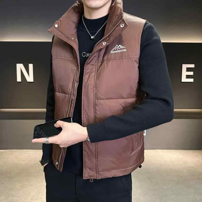 ダウンベスト 男性用 ショート丈 秋冬 立襟 白ダックダウン 86% 90% 防風 防寒 洗濯機洗い可能 ブラック カーキ イエロー M L XL 2XL 3XL 4XL 5XL