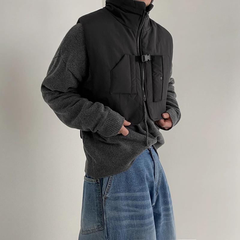 ベスト 男性用 コットン 中綿入り 秋冬 韓国風 ゆったり ワーク 接触冷感 アウター ノースリーブ ジャケット ブラック