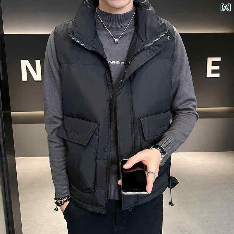 ダウンベスト 男性用 冬季 防寒 立襟 スポーツ カジュアル 白ダックダウン 短め丈 トップス ジャンパー ブルゾン 合体型 厚手 無地 ポリエステル ブラック カーキ グレー