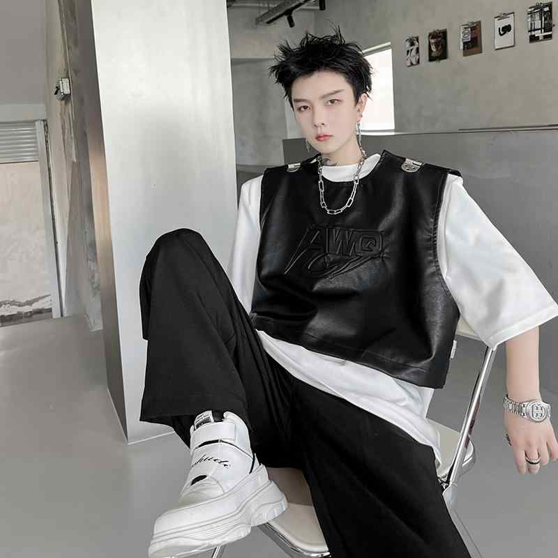 ベスト 男性用 PUレザー ショール モード系 黒 ブラック 無地 アウター トップス カットソー ノースリーブ 普段使い 個性的