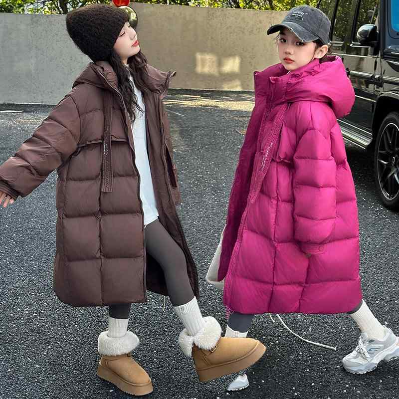 小わっぱ服 ガールズ 落ち込む上衣 ボンネット付き添い人 朦朦たる 防寒 秋冬 白ダックダウン ロング丈 アウター 火龍果色 珈琲色 コート・ジャケット-キッズファッション-キッズ・ベビー・マタニティ
