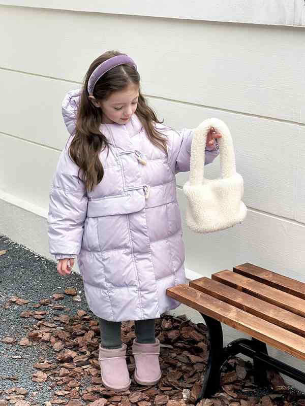 子供服 ガールズ ダウンジャケット 韓国風 牛角ボタン フード付き ロング丈 アウター かわいい パープル ピンク グリーン 90 100 110 120 130 140 150 160 11,008円