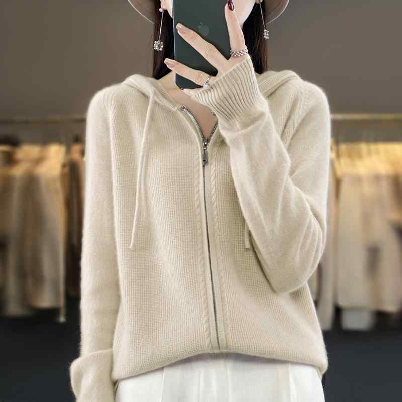 編み物 ジレー レディース 秋冬 羊毛 パーカー ボンネット付き添い人 ダブルジップ ティーシャツ ゆったり 長袖 トップス 韓国風 心地好い 好いたらしいめ 愛くるしげ ベージュ サクラ色系