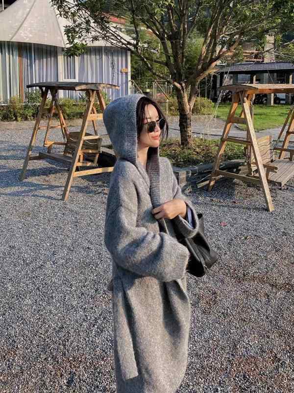 編み物 ジレー レディース 秋冬 韓国風 中長丈 ボンネット付き添い人 ゆったり 腰三尺帯付き添い人 朦々たる アウター 薄墨色 さくら色系 象牙色 珈琲色 日韓表現スタイル 心地よい 普段使い走り 会う約束