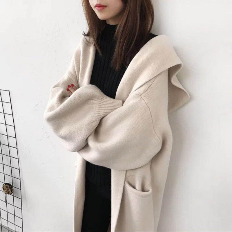 編み物ジレー レディース 秋冬 超ロング丈 ボンネット付き添い人 韓国風 朦々たる ゆったり 体型取りまかなう 長袖 アウター 羽織り 黒いこと 象牙色 駱駝 無償性大きさ 普段使い走り 通い