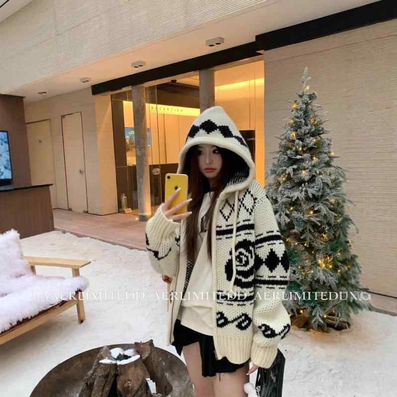 編み物ジレー レディース エルク 薔薇柄 ジップアップ パーカー ゆったり パステル色の 長袖 秋冬 韓国 日韓 心地好い