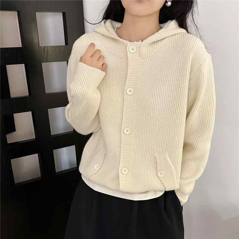 ニット カーディガン レディース 春秋 ショート丈 フード付き トップス ゆったり 長袖 ニットソー 羽織り カジュアル かわいい