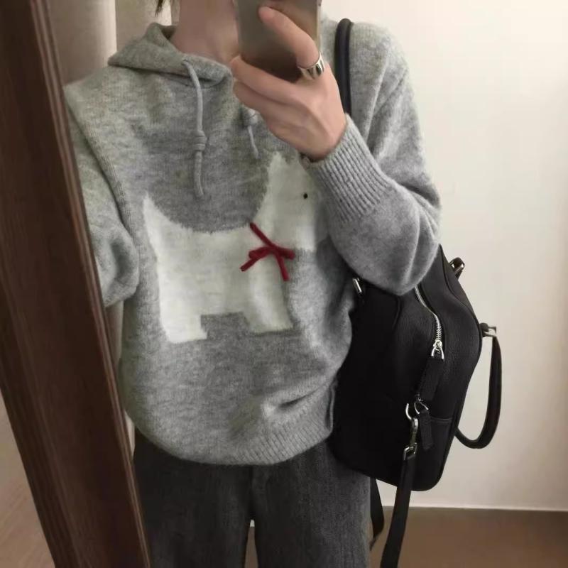 パーカー レディース 犬 刺しゅう ボンネット付き添い人 汗水 ティーシャツ 編み物 トップス 心地よい 翰林院風 ゆったり 長袖 秋冬 薄墨色
