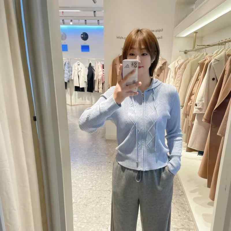 ジレー レディース 秋冬 編み物 長袖 菱格柄 ゆったり ボンネット付き添い人 ジップアップ 生あたたかい 好いたらしい 韓国風 日韓心地よい 普段使い走り 人絹混紡 glacial blue