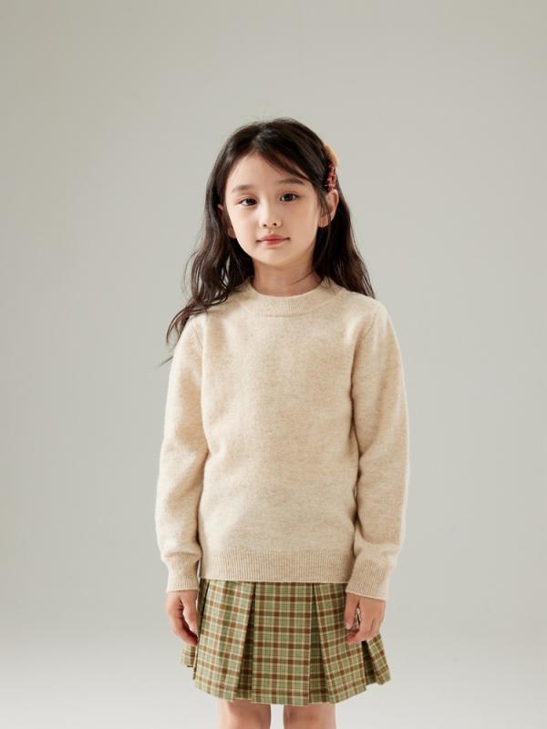 ニット 子供服 セーター ウール100％ 男女兼用 トップス 韓国風 プルオーバー 無地 男の子 女の子 秋冬 ミドル丈 長袖 やわらか シンプル かわいい おしゃれ 通学着 普段着 ベージュ ピンク系｜イーマイショップ