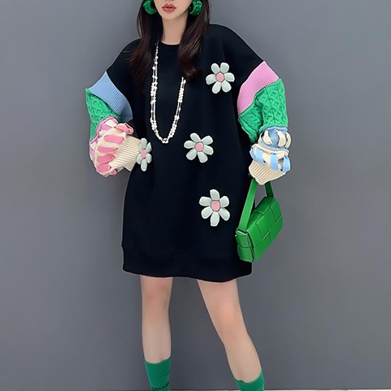 汗水 レディース 年月 ラウンドのど首 ゆったり 幾何学学飾りつけ 編み物 うつり変わり 長袖 トップス 愛くるしげ 普段使い走り お部屋着 黒いこと