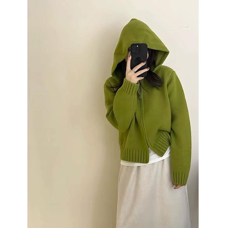 ニットカーディガン レディース 韓国風 ダブルジップ パーカー 秋冬 ドーパミンスタイル 普段使い ゆったり ショート丈 ポリエステル 無地 長袖 フード付き 接触冷感 きれいめ かわいい おしゃれ トップス