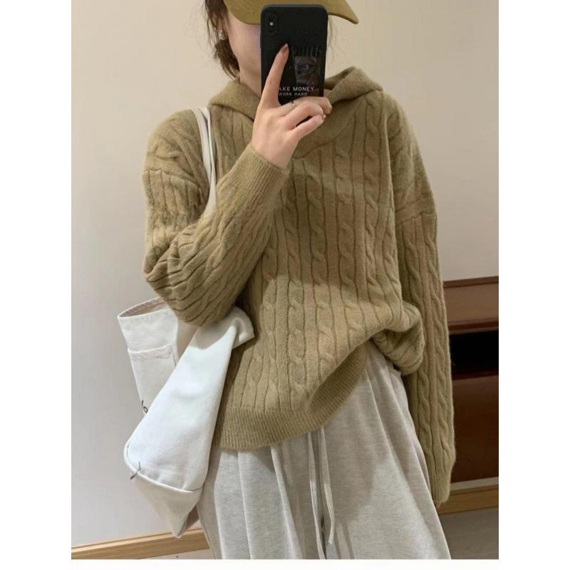 ニット レディース ニット帽付き 秋冬 プルオーバー ケーブル編み 厚手 トップス ゆったり 長袖 ミディアム丈 普段使い 通勤着 体型カバー かわいい オフィスカジュアル 無地 ポリエステル混紡 アイボリー グレー ブラック カーキ ブラウン グリーン