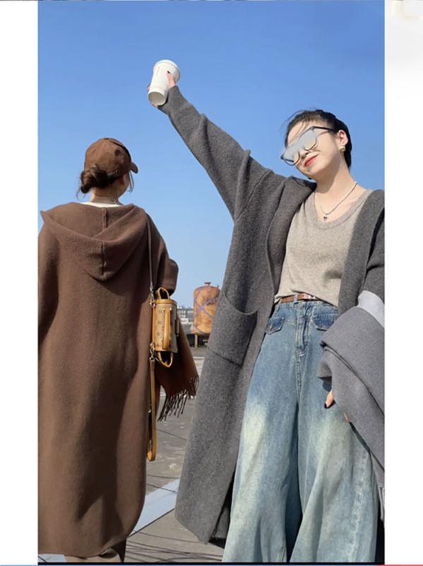編み物 レディース 春物 ジレー ロング丈 ゆったり ボンネット付き添い人 無地 トップス 羽織り 分かりやすい 好いたらしいめ 心地好い 薄墨色 黒いこと 象牙色 サクラ色 赤銅色