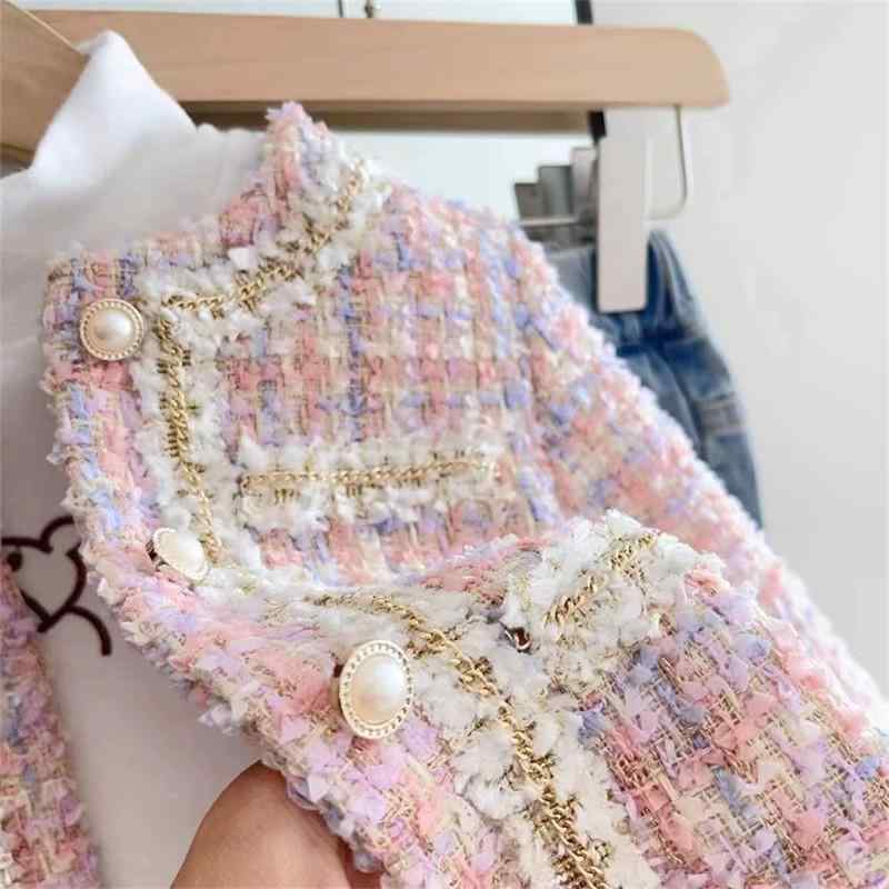 子供服 ジャケット 女の子 韓国風 アウター ショート丈 チェック柄 トップス デニムパンツ セットアップ 普段着 おしゃれ着 ピンク系 ブルー系