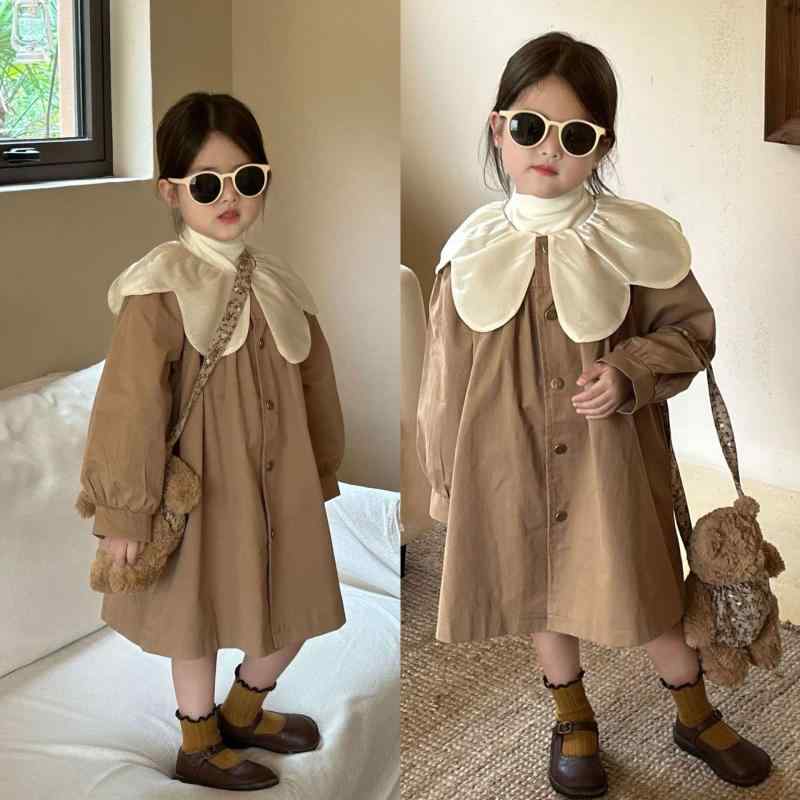 子供服 ガールズ アウター ジャケット 秋物 子供 中長丈 コート 3歳 4歳 5歳 6歳 7歳 8歳 フリル襟 Aライン 無地 かわいい おしゃれ カーキ