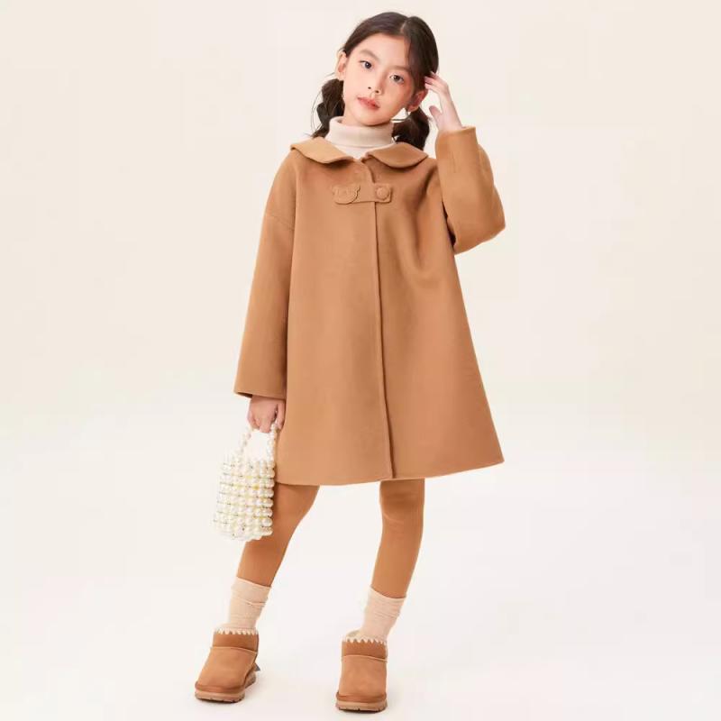 子供服 女の子用 ウールコート 中長丈 アウター 冬服 厚手 英国風 スクール ミドル丈 ラムウール 防寒 アイボリー ミラノキャメル
