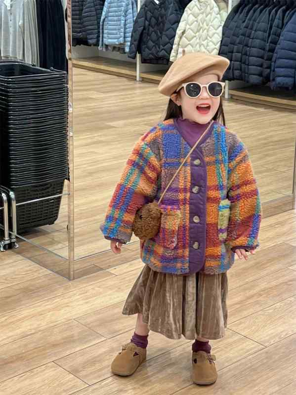 子供服 アウター 男女兼用 キルティング裏地 ボア レトロ チェック柄 厚手 防寒 コート ジャケット 綿100％
