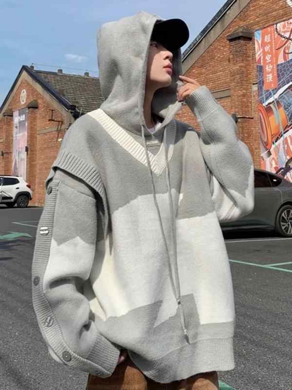 ニット メンズ 秋冬 オーバーサイズ プルオーバー パーカー 韓国風 バイカラー 切り替え 暖かい 厚手 トップス 部屋着 普段使い カジュアル