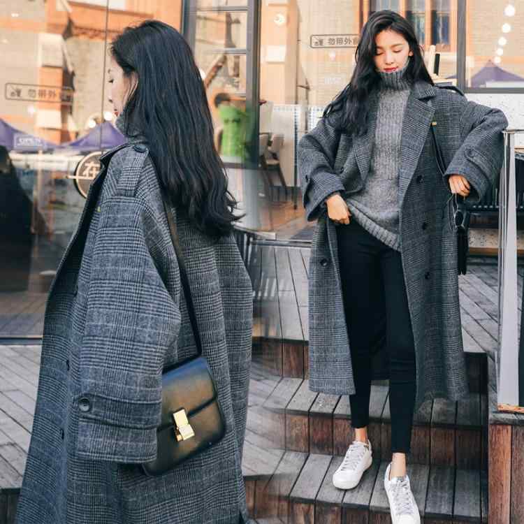コート レディース 格子柄 チェック柄 ウール 中厚手 ミドル丈 ゆったり 韓国風 かわいい 秋冬 ポケット付き