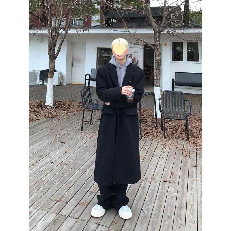 厚地の外套 メンズ 成人男性用 秋冬物 真っただ中丈 ロング丈 ダブル前胸部 ゆったり 商行為 心地よい 黒 黒いこと メンズファッション-コート・ジャケット