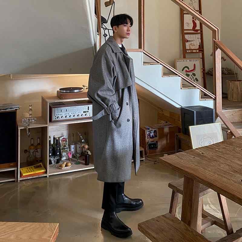 厚地の外套 成人男性用 絨毛交ぜあわせる 厚地の外套大いさ チドリ透かし彫り柄 ダブル前胸部 秋冬 朦朦たる 雅びやか 喫茶店 薄墨色 コート・ジャケット-メンズファッション